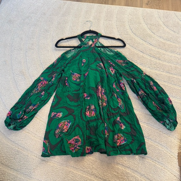 Free People Dresses & Skirts - Free People Cold Shoulder Tunic‎ Dress Kelly Green Pink Size Small